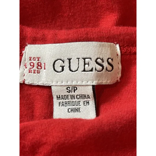 VTG 90s 2000s Y2K Red Cap Sleeve Guess Embellished Beaded Logo Tee Top S - Image 9
