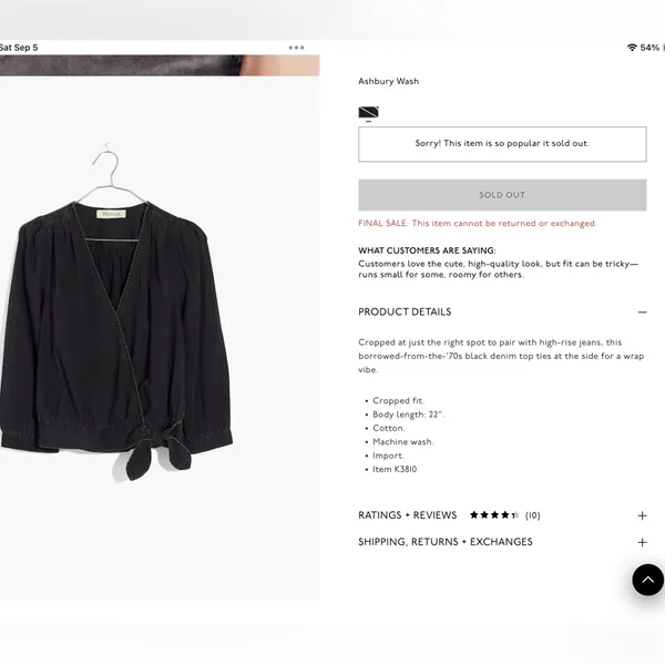 Madewell Wrap Top in Black Denim Size Small in Color Ashbury - Image 2