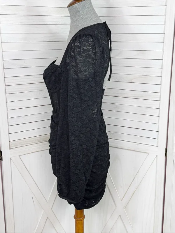 Edit‎ by Nine Lace Corset Top Ruched Mini Dress Black Medium Gothic Coquette Y2K - Image 3