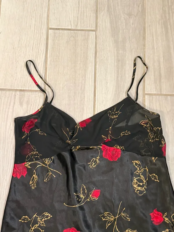 Vintage 1990 Satin Floral Slip Dress Black with Red Roses - Image 4