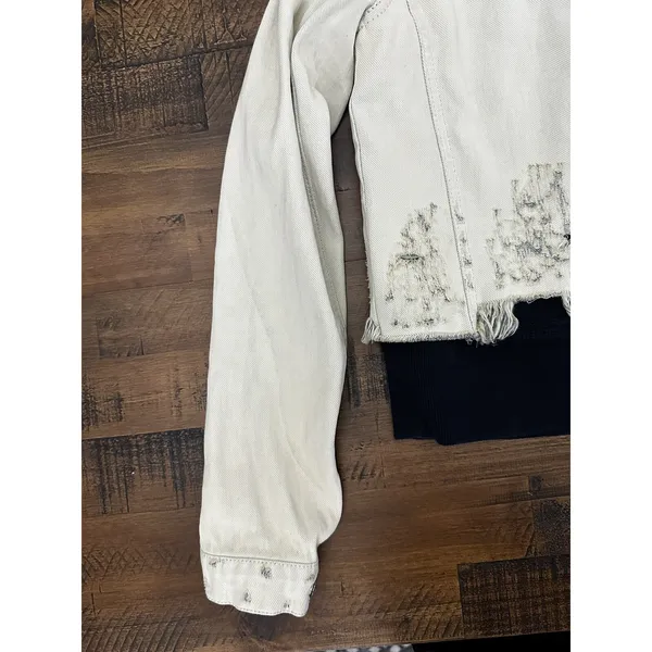 Free People Hoodie Jacket Women XS White Distressed Double‎ Weave Denim - Image 13