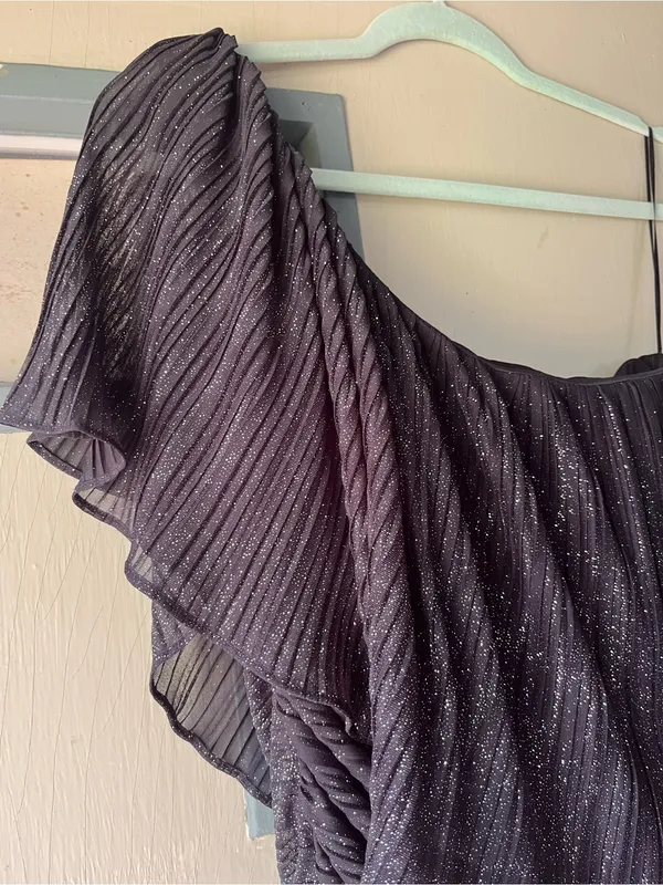 Night Way Collections One-Shoulder Black Sparkle Ruffle Dress - Image 4