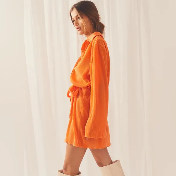 Peppermayo Soho Chic Shirt Plisse Dress, Tangerine, Size Small - Image 4