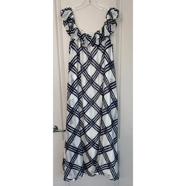 Ann Taylor Navy Blue White Plaid‎ Ruffle Neck Chiffon Midi Dress 6 561128 - Image 4
