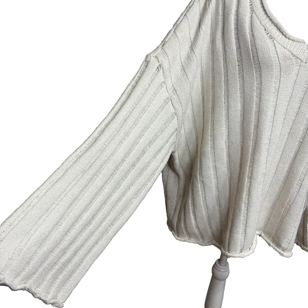 Rolled Hem Sweater Cream V-Neck‎ Wide Ribbed Casual Boho Office Neutral Plus 3XL - Image 2