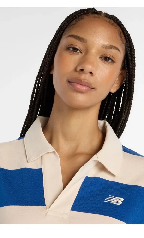 New Balance Blue and Cream Striped Rugby Shirt - Image 4