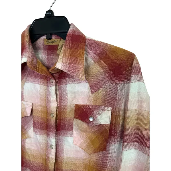 Wrangler Women Pearl Snap Plaid Flannel Shirt Red‎ Cream Chest Pockets Small - Image 4