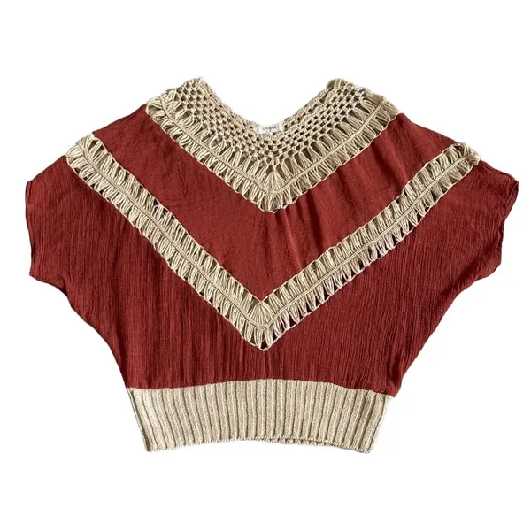 Umgee Rust Crochet‎ Fringe Batwing Top Boho V-Neck Lightweight Blouse Small - Image 3