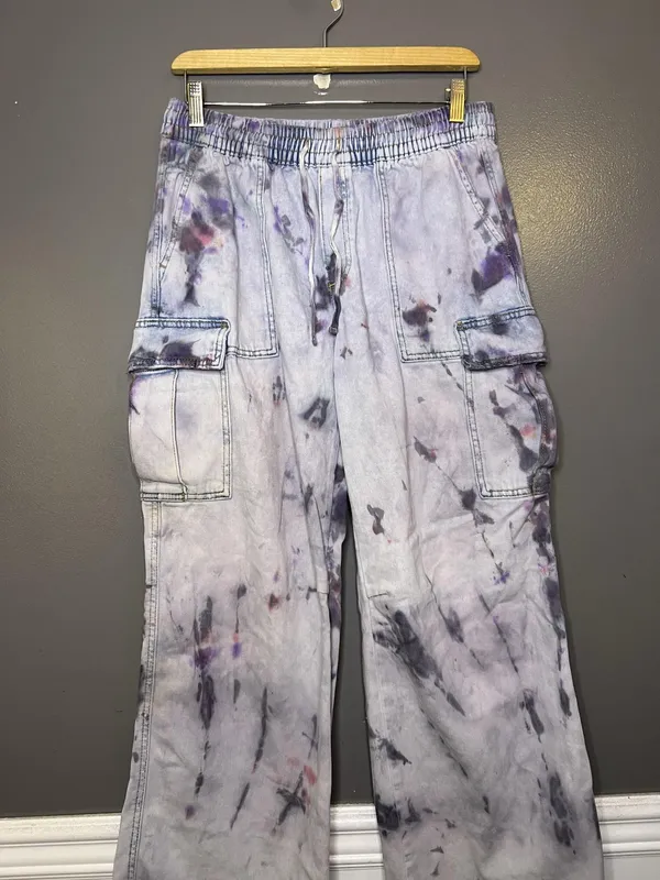 Aerie Pants Custom Tie Dye Women Medium Wide Leg Twill Elastic Waist Cargo Pants - Image 2