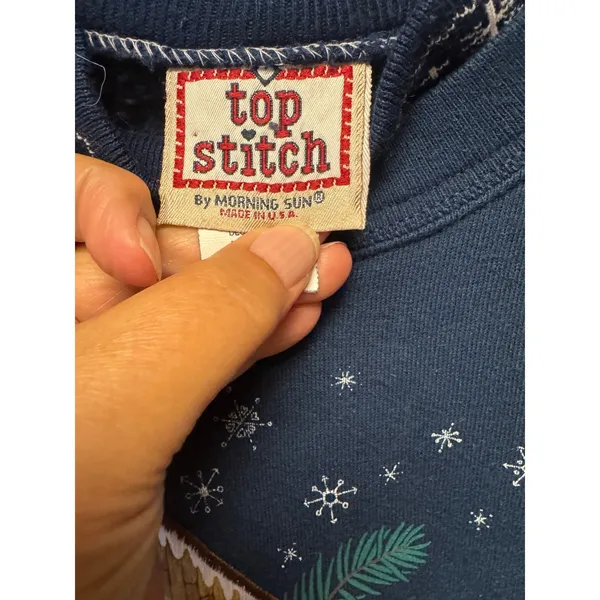 VTG Top Stitch 90s Blue Snow Birdhouse Sweatshirt Large Double Collar USA Made - Image 7