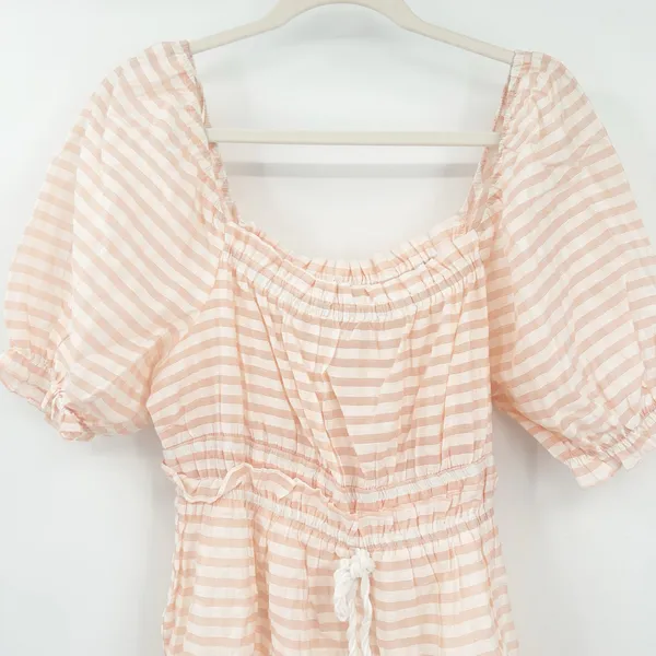Moon River Womens Milkmaid Resortwear‎ Poplin Striped Puff Sleeve Midi Dress M - Image 3