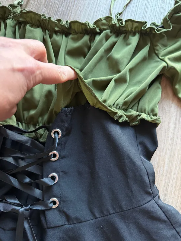 Romwe Olive Green Black Lace Up Bell Sleeve Renaissance Cottagecore Dress Size S - Image 3