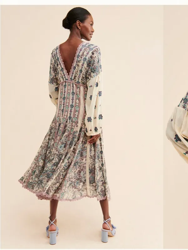 Anthropologie Let Me Be Floral Embroidered Lace Long Sleeve Bohemian Maxi Dress - Image 3