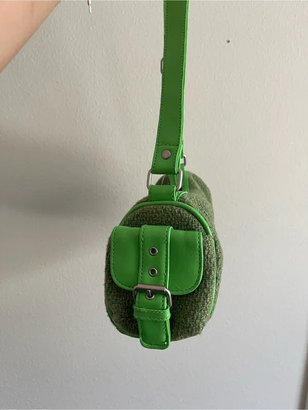Green Tweed Shoulder Bag with Lime Trim - Image 3
