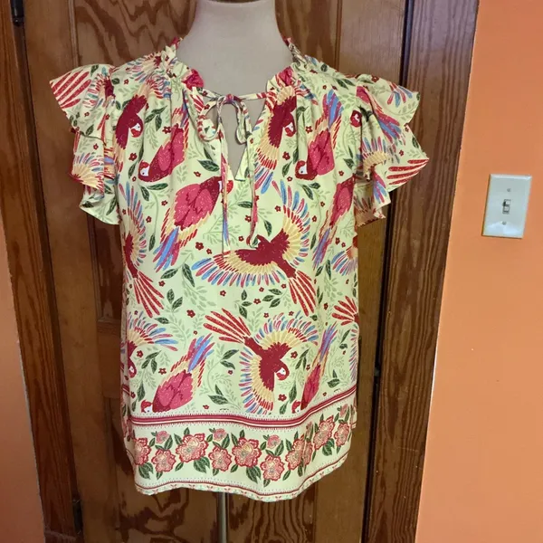 Rachel Roy Boho Parrot Print Flutter Sleeve Blouse Small Colorful Bohemian Top - Image 8