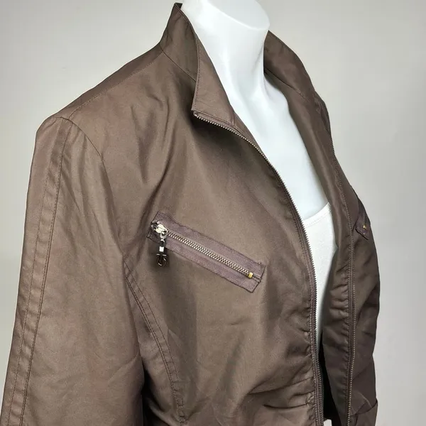 Black Vintage Brown Ruched Zip Up Pockets Collar Flight Utility Bomber Jacket M - Image 11