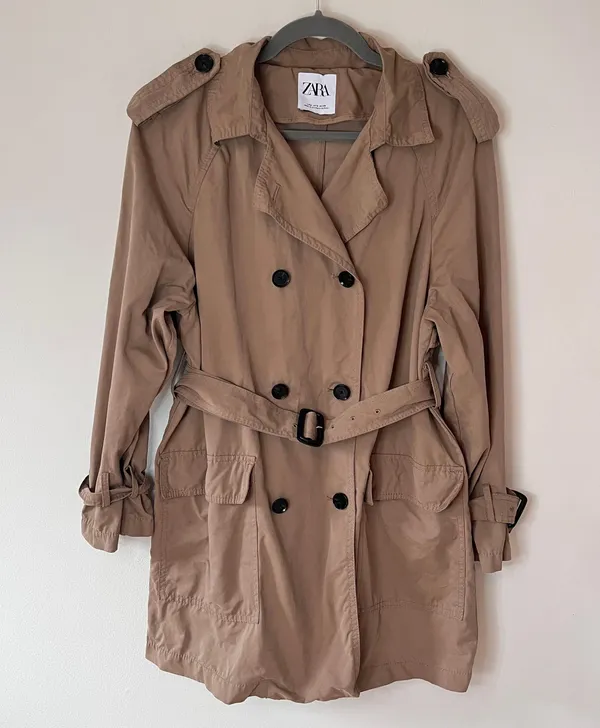 Belted Double Breasted Short Trench Coat Jacket Classic Camel Beige - Image 2