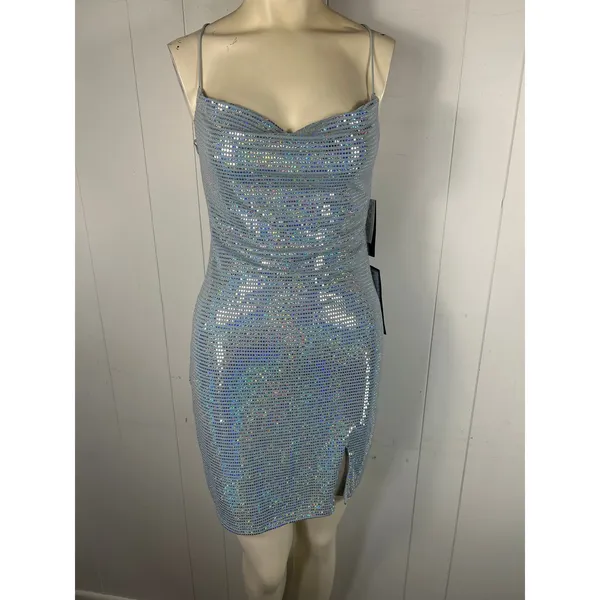 City Studio NWT Metallic Pale Blue Slip On Bodycon Mini Dress In Size L - Image 3