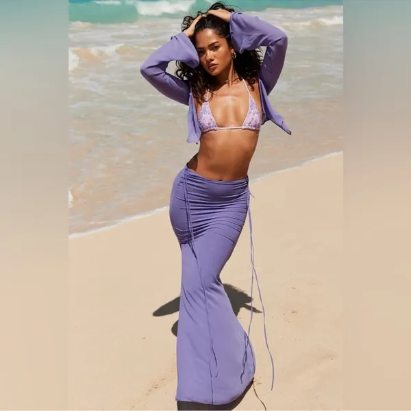 NWT House Of CB Maxi Skirt Amalfi Violet Cut Out Mermaid Vacation Beach Flowy - Image 4