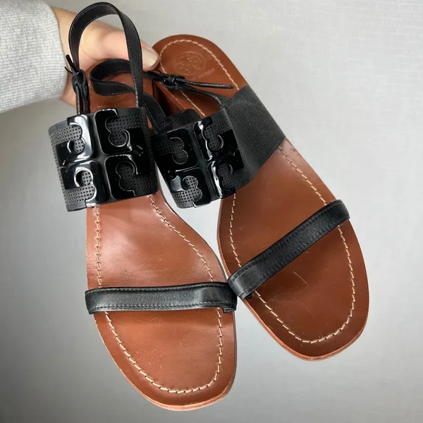 Tory Burch Black Leather Perforated Miller Block Heel Sandals Women's Size 10.5‎ - Image 2