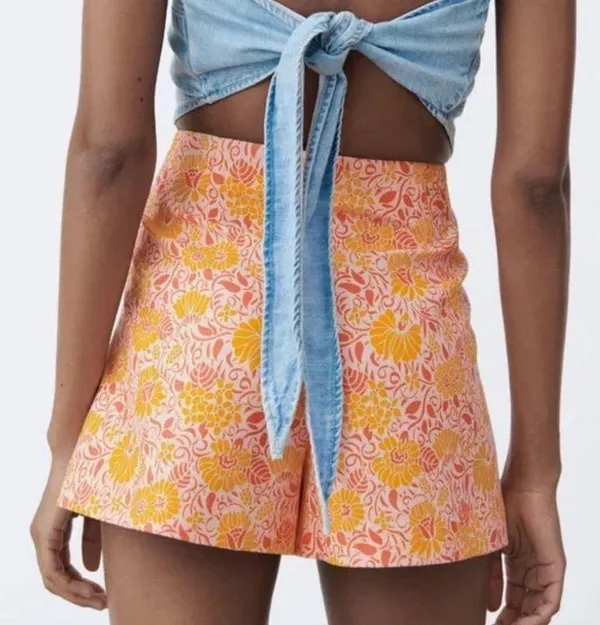 Zara Women's Medium Printed Bright Linen Blend Shorts Orange Pink Floral Pattern - Image 7