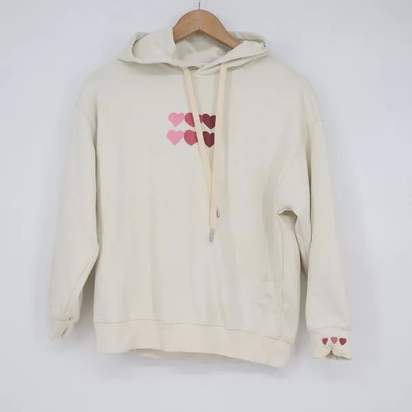 Cream Heart Graphic Pullover Hoodie Sweatshirt Pink Hearts Size M - Image 2