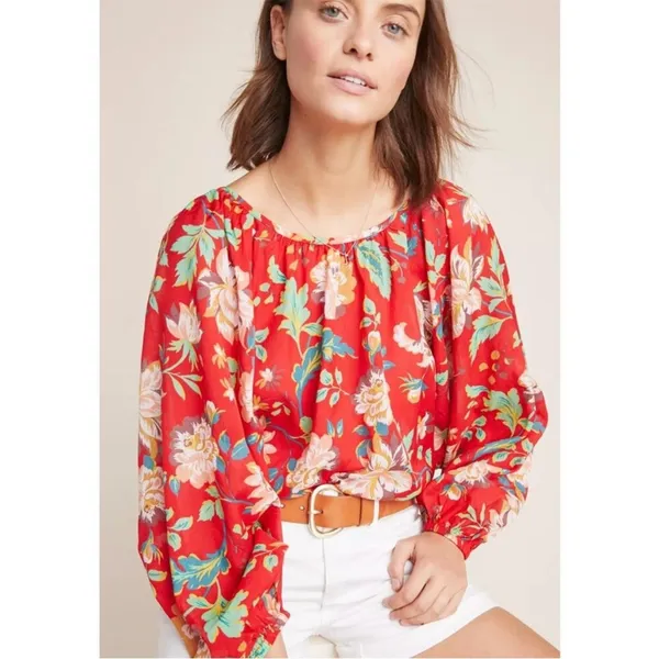 Anthropologie‎ Maeve Red Floral Lake House Top - Image 2