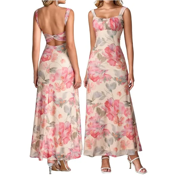 Floral Maxi Dress Women's M Backless Square Neck Smocked Wedding Guest - Image 3