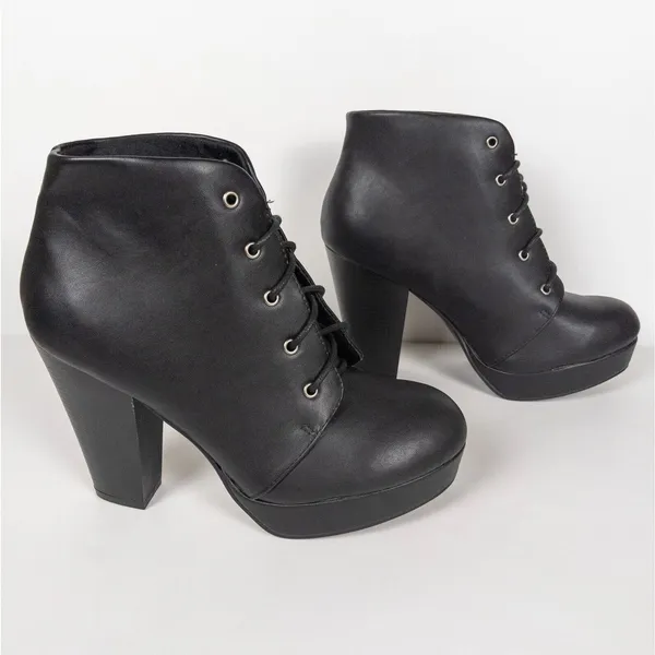 BONNIBEL Black Heeled Lace Up Platform Ankle Booties Faux Leather Women's 9 - Image 3