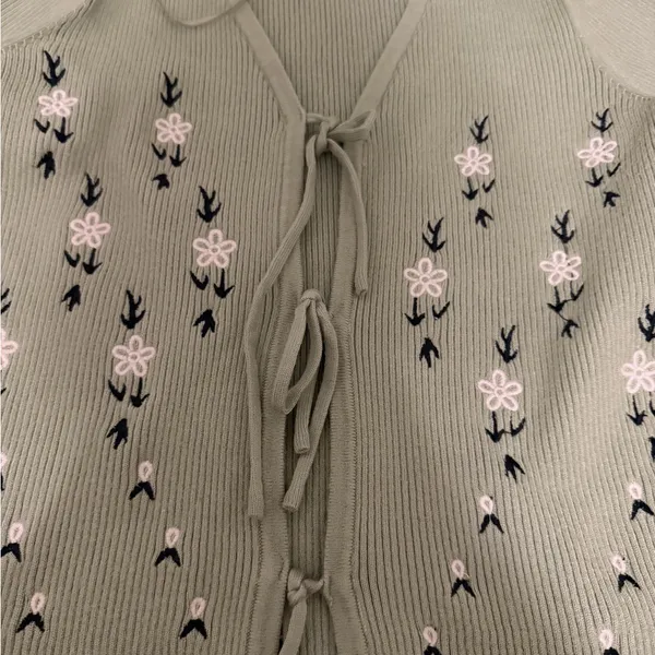 Tie-Front Embroidered Ribbed Cardigan - Sage Green - Image 3