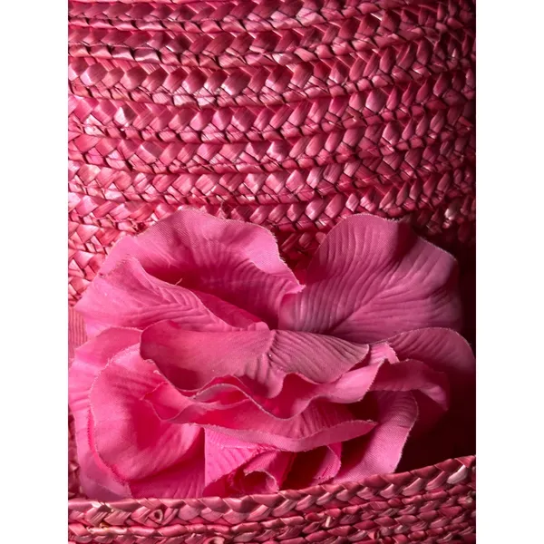Vintage Magenta Pink Straw Sun Hat Wide Brim Floral‎ Ribbon Accent Summer Beach - Image 10