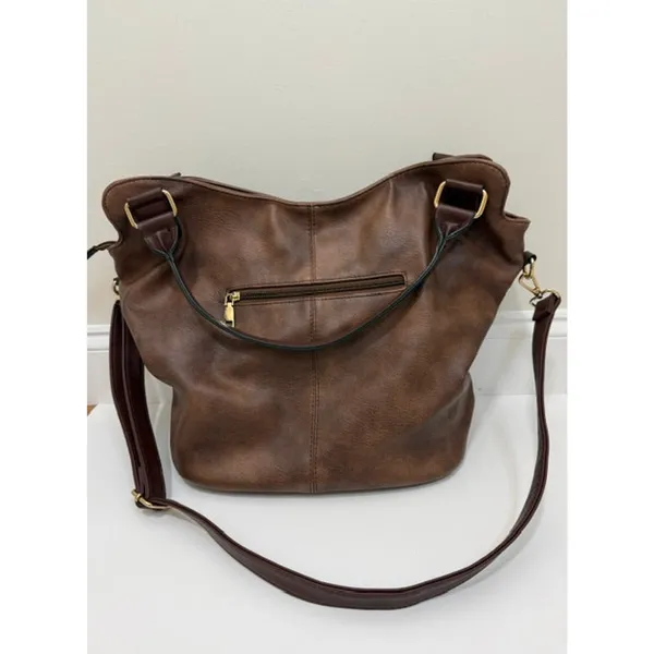 Vegan Leather Bucket Tote Crossbody Bag Brown Gold Hardware - Image 2