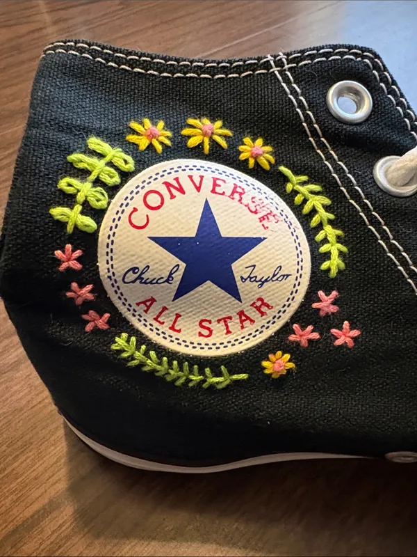 Converse Men 7 Women 9 Black High Top Sneakers Pink & Yellow Floral Embroidery - Image 7