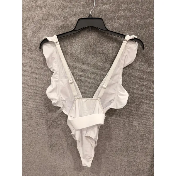 Unbranded Women Swimsuit Small White Ruffle Deep V-Neck Belted One Piece - Image 4