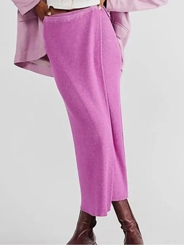 Free People Borderline Knit Wrap Midi Skirt Pink Ribbed Side Tie Slit Large NWOT - Image 2