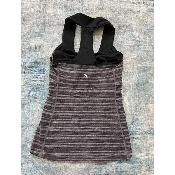 Lululemon Black Gray Purple Stripe Scoop Neck Tank Top Size 4 - Image 6
