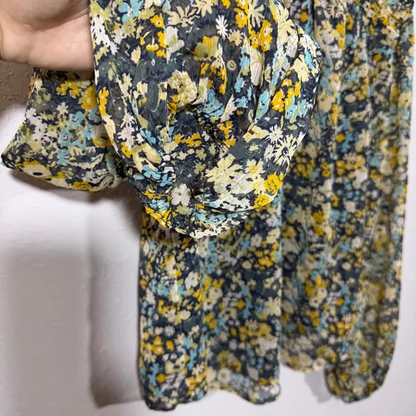 Loft Blue Yellow Floral Smocked High Neck Ruffled Long Sleeve Blouse Womens XS - Image 3