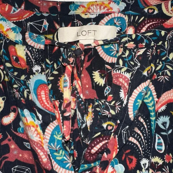 LOFT Paisley‎ Boho Peasant Blouse Medium Black Floral Long Sleeve Button Front - Image 4