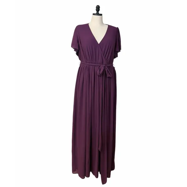 Baltic Born Maxi Dress 3XL Wrap V Neck Flutter Sleeve Belted Plum Purple Gown - Image 3