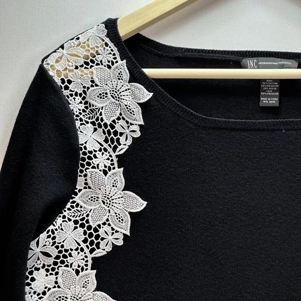 INC International Concepts Black Floral Lace Crochet Long Sleeve Sweater Large - Image 3