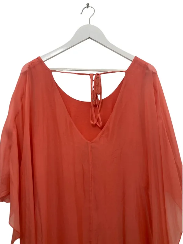 Tommy Bahama Lanai Breeze Double Layer Chiffon Tunic Dress M Coral Pink Tassel - Image 5