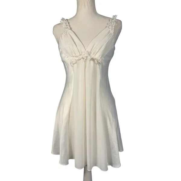 Flora Nikrooz Slip Dress Womens Small Ivory Satin Floral Strap Chemise - Image 3