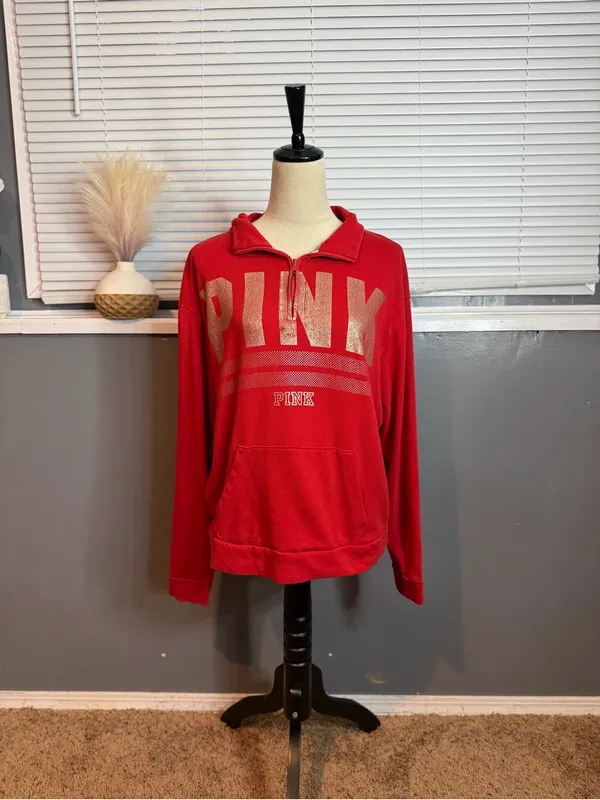 PINK Victoria’s Secret Red Quarter Zip Sweatshirt Medium - Image 2
