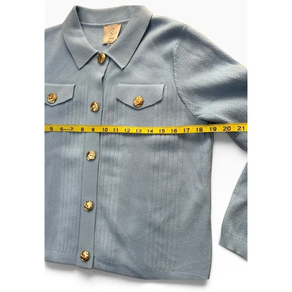 Sioni Light Blue Ribbed Knit Cardigan Gold Hammered Button Sweater Jacket Medium - Image 5