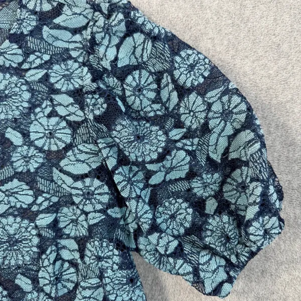 Dolan Women's Medium Blue Floral Lace Peplum Puff Sleeve Top Blouse Sheer - Image 2