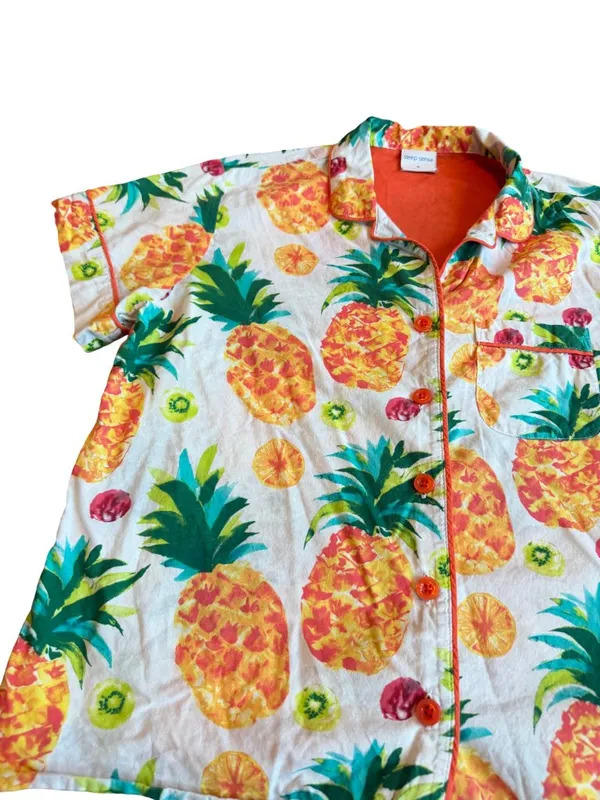 Sleep Sense Ivory Tropical Pineapple Print Pajama Set Shirt Pants Small Women's - Image 3