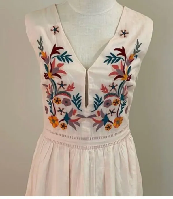 Anthropologie X Laila Cream V-Neck Sleeveless A-Line Sundress embroidered floral - Image 5