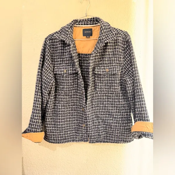 Cotton On blue and white tweed shirt jacket with a tan lining. Size M oversized - Image 15