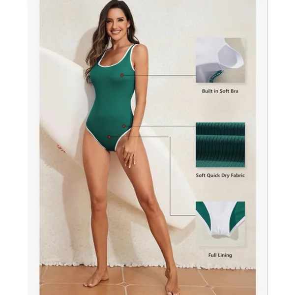 NEW Green Slimming 1 Pc Swimsuit Ribbed High Cut Bathing Suit L - Image 6