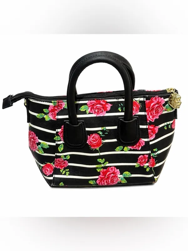 Betsey Johnson Floral Stripe Satchel Black Pink Rose Mini Handbag Y2K - Image 5